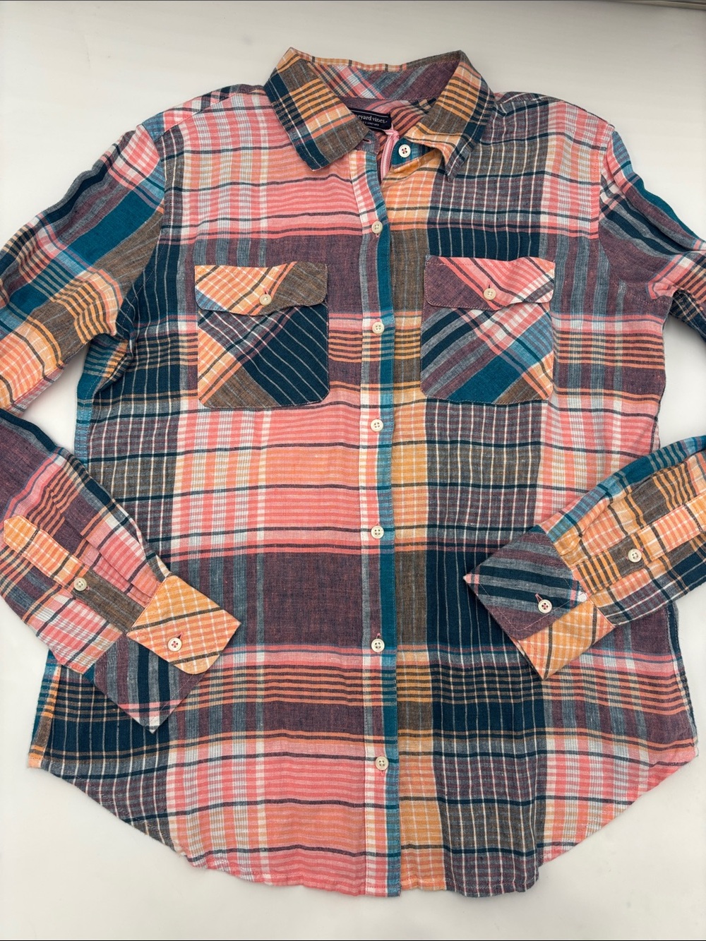 Vineyard Vines Linen Camp Shirt in Plaid and Mallard Blue